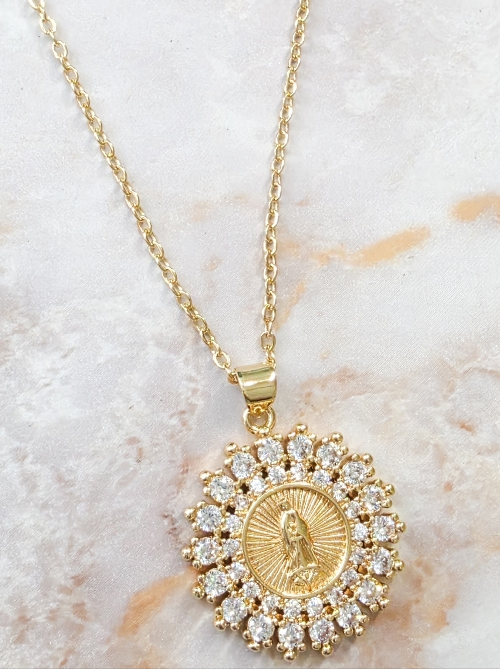 18K Gold Virgin Mary Medallion Necklace Micro Inlaid Zircon Halo NEW